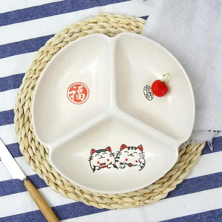 日式陶瓷手绘餐具圆形招财猫碗碟家用釉下彩卡通饭盘微波炉适用 - 抖