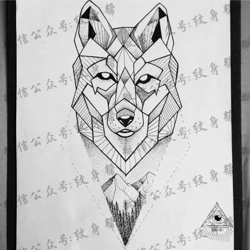 几何点刺线条狐狸纹身图案手稿