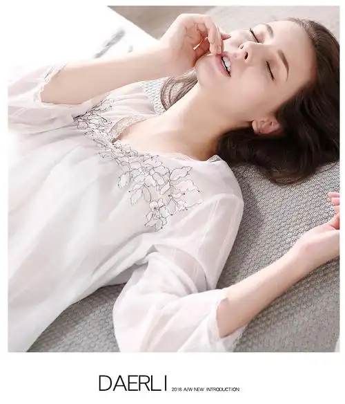 达尔丽睡衣女士春夏季新款七分袖v领精致蕾丝绣花双层纱罗透气不透光
