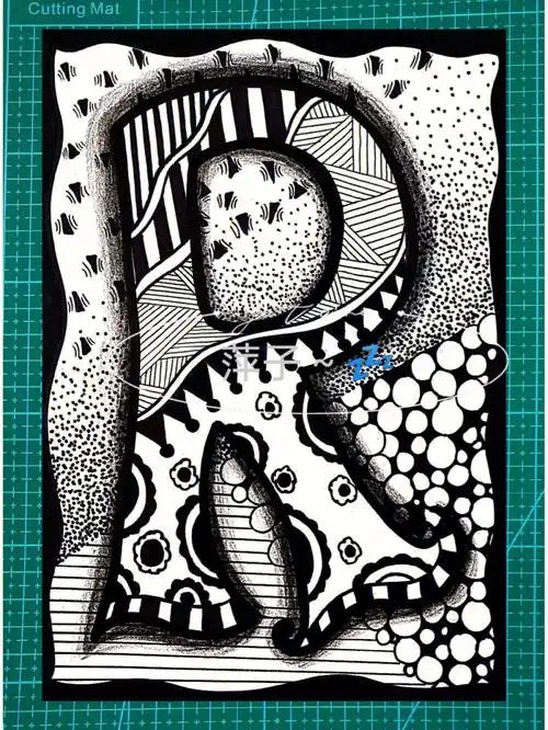 黑白线描装饰画创意线描线描字母