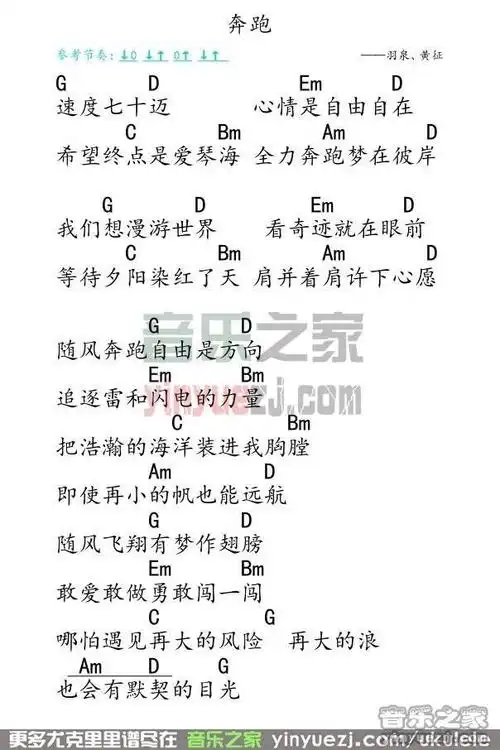 弹客g调版 羽泉《奔跑》尤克里里弹唱谱