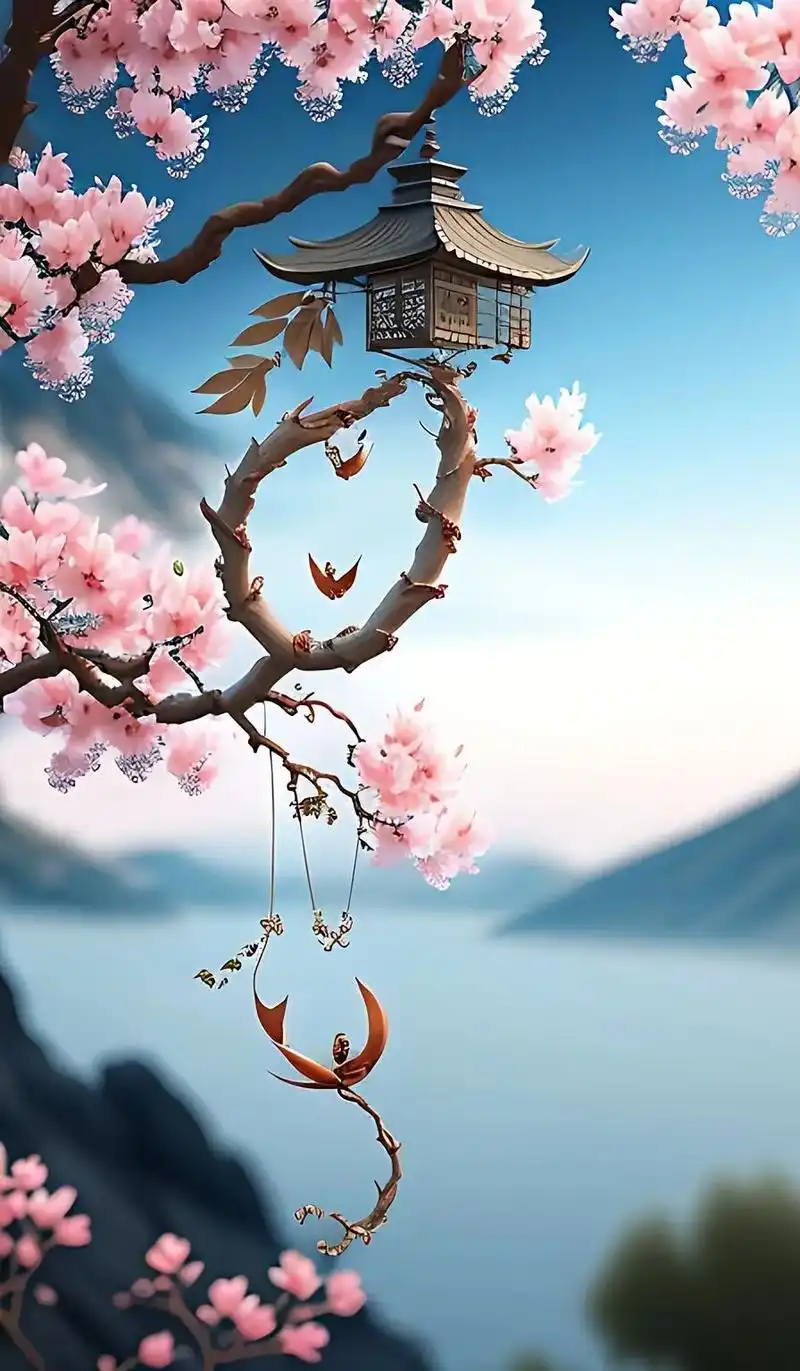 古风风格,一枝桃花从屋檐上挂下来,树枝上挂着一个小小的祈福风 - 抖