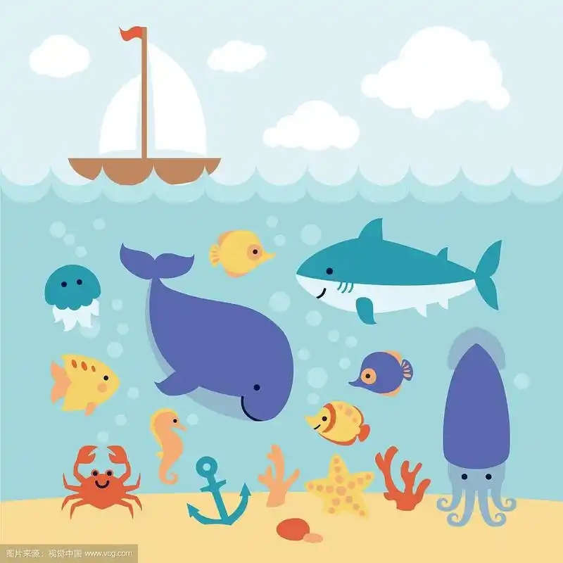 可爱的卡通动物在海底游泳