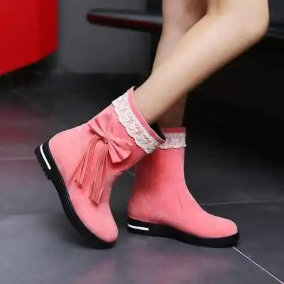 甜美蝴蝶结少女孩流苏单靴子初中学生春秋款大童粉色半桶平底短.