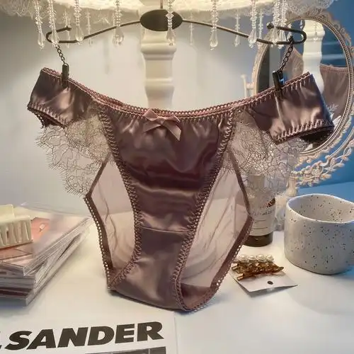 低腰法式优雅奢华缎面时尚三角裤女士性感蝴蝶结速干网纱蕾丝内裤