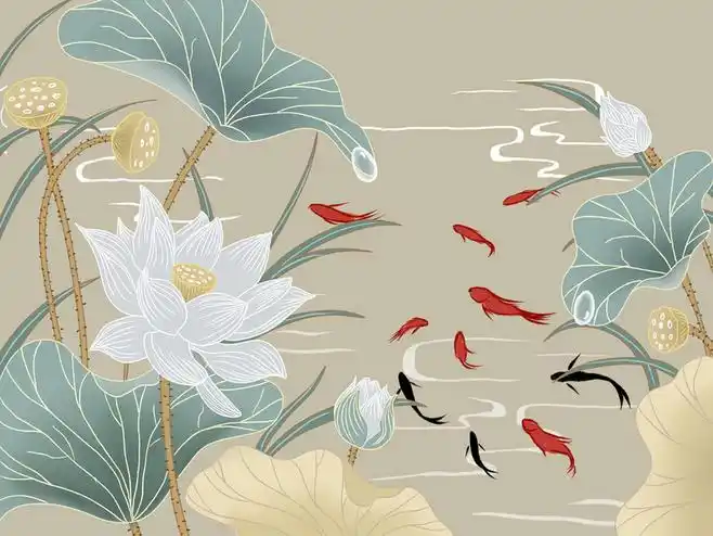 中国风荷花荷叶小鱼手绘插画荷花荷塘荷池荷叶风景古风插画线条鱼露珠