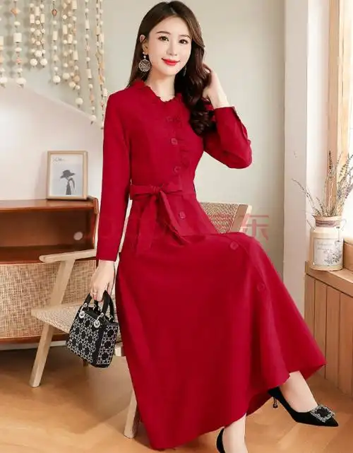 2020新款秋秋季贵夫人棉麻长袖连衣裙子女高端名媛洋气质 酒红色 m
