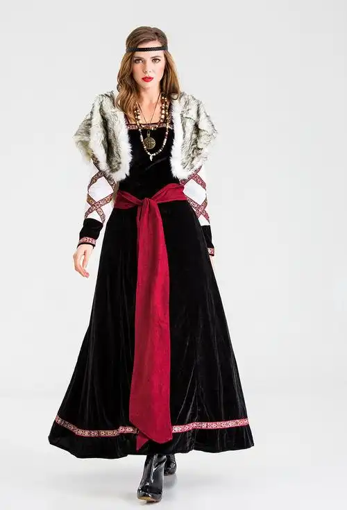 新款万圣节舞会派对装中世纪服装女 欧洲复古宫廷女王服长裙披肩