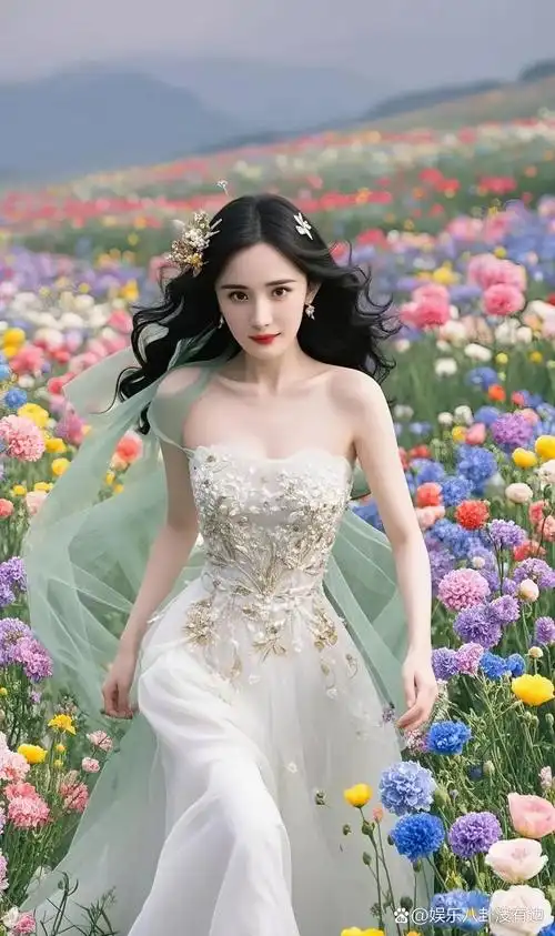 杨幂一身抹胸婚纱连衣裙,置身花海,犹如花海中的仙女,如梦似幻,美得让
