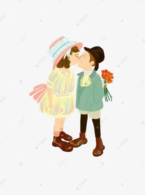可爱男孩女孩送花亲密手绘插画