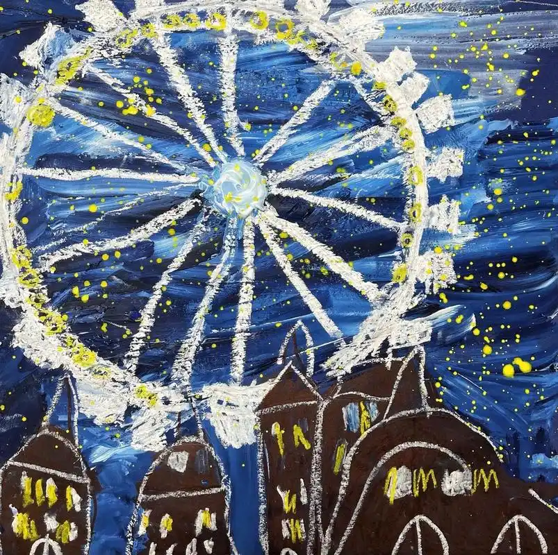 《摩天轮99》儿童画/重彩油画棒水油分离 《摩天轮99》