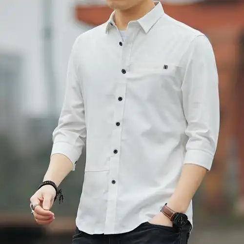 长袖衬衫男韩版潮流秋冬季加绒加厚全棉男式七分袖休闲白寸衣外穿