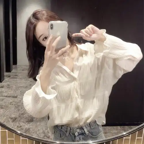 白色衬衫锁骨上衣女春秋季温柔风甜美气质宽松小众设计感雪纺衬衣