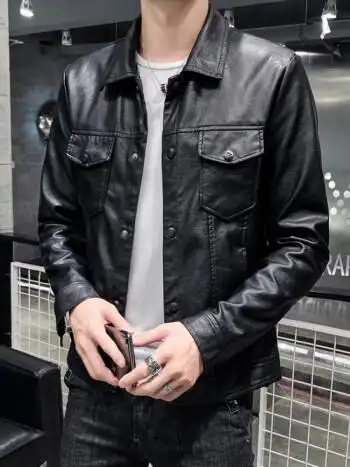 年春秋季潮牌精神小伙潮流帅气工装机车外套男皮夹克7206黑色皮衣m