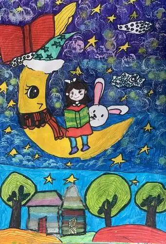 月亮上的女孩六年级绘画
