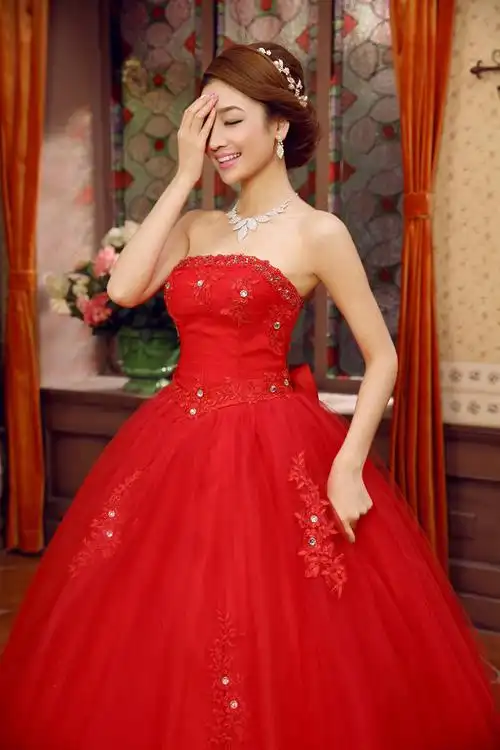 2014新款婚纱礼服红色抹胸长款齐地婚纱新娘裙主持装k421