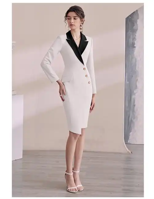 职业装女套裙过膝白色职业西装裙子春秋时尚主持人正装工作服 长袖