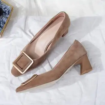 女士船鞋中跟真皮瓢鞋法式气质方头粗跟单鞋女方扣磨砂中跟真皮一脚蹬