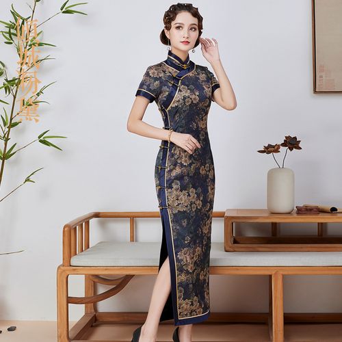 倾城粉黛旗袍女长款气质中国风夏季新款手工盘扣真丝旗袍裙礼服高档桑