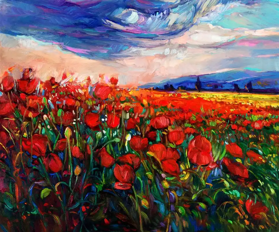 罂粟花田,原创油画的罂粟 (罂粟) 字段在美丽的日落,在画布上.