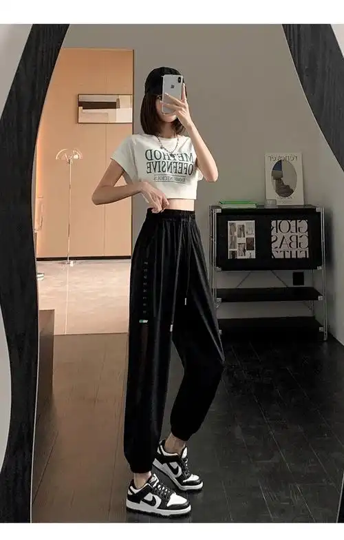 冰丝速干裤女款夏季薄款宽松束脚运动裤网纱拼接高腰显瘦哈伦裤子