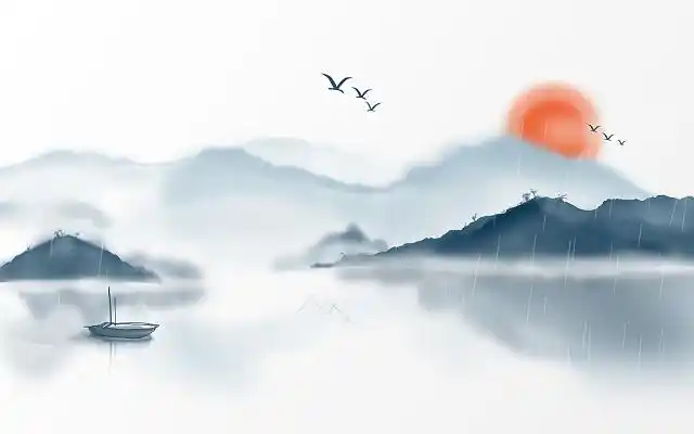 水墨风中式山水风景写意古风烟雨江湖