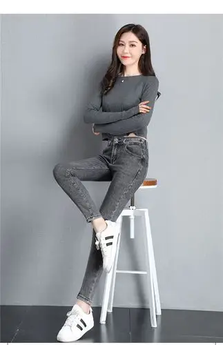 依沐苏 牛仔裤女高腰烟灰色2020秋冬季新款紧身显瘦洋气百搭小脚铅笔