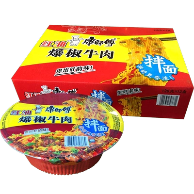 康师傅红油爆椒牛肉拌面12碗整箱装方便面速食食品泡面碗装干拌面