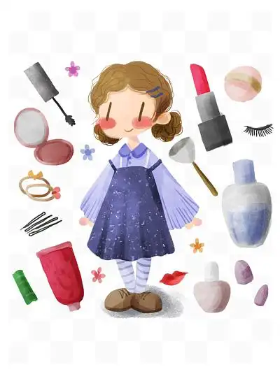 手绘可爱卡通女孩与化妆品美妆