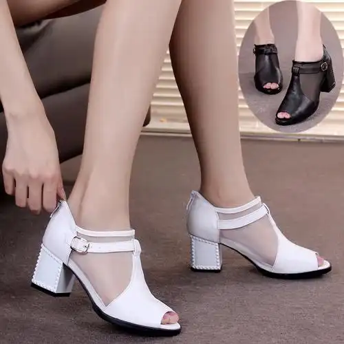 女鞋新款真皮粗跟女凉鞋夏季镂空纱鱼嘴鞋女中高跟透气凉靴鞋