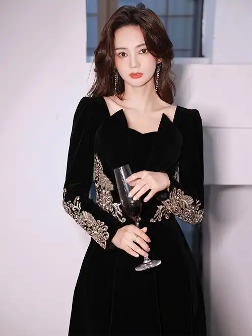 黑色晚礼服裙女宴会2021新款气质年会高端高级设计感小众法式长袖