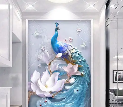 3d立体竖版玄关走廊过道背景墙壁纸装饰壁画简约现代孔雀5d墙布