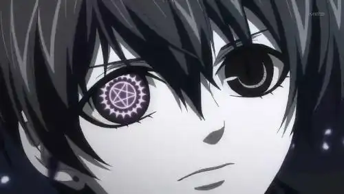 头发是黑色长发的,一只眼睛是紫色的,另一只眼睛是蓝