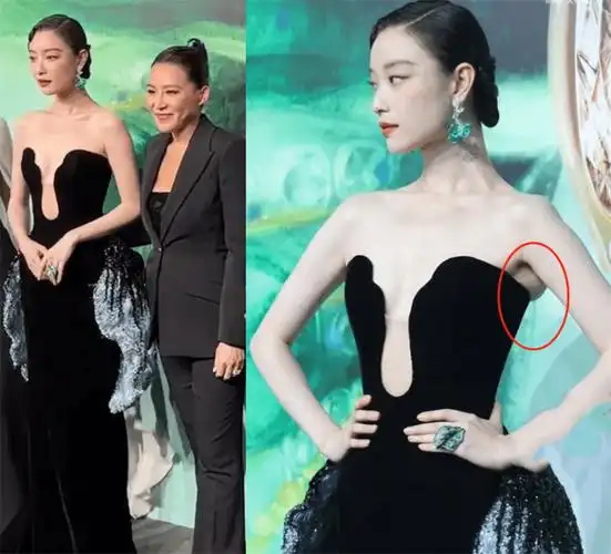 35岁倪妮活动照引争议,穿深v礼服,领口开太大,用手捂胸被嘲做作_贴身