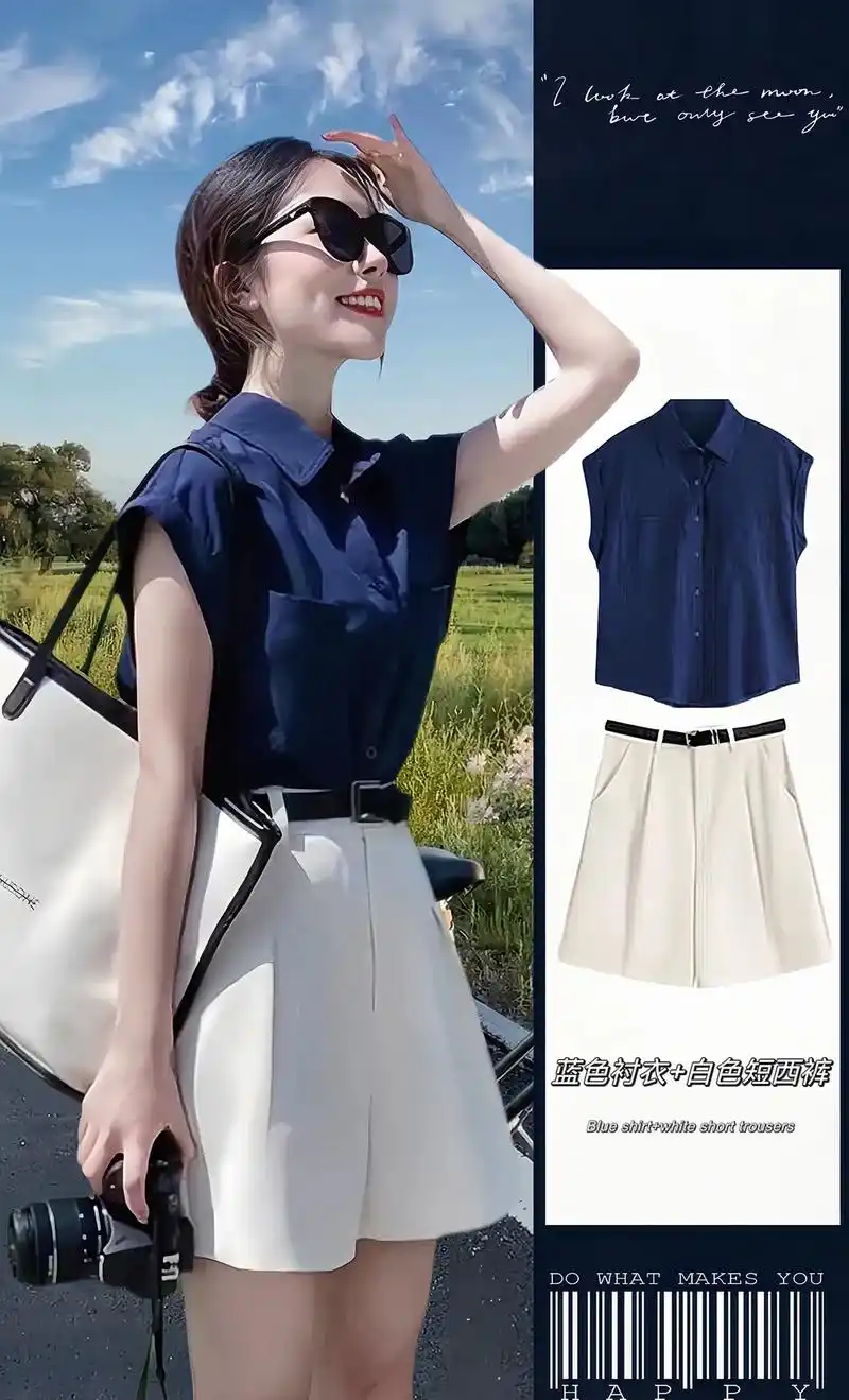 小个子这样穿简单又高级,巨显身材比例!藏蓝色衬衫搭配高腰西装短裤