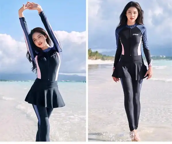 少女泳衣 初中女生中学生大学生游泳衣连体游泳衣女长袖长裤款全身