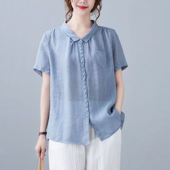 恒源祥棉麻上衣女宽松衬衣百塔休闲套头洋气夏季小衫女装短袖衬衫蓝色
