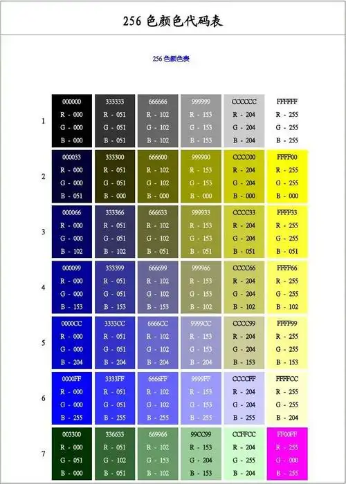 256色颜色代码表