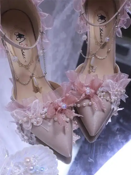 洛丽塔高跟鞋花嫁lo鞋尖头手作优雅高跟鞋百搭lolita茶会藏蓝色7cm带