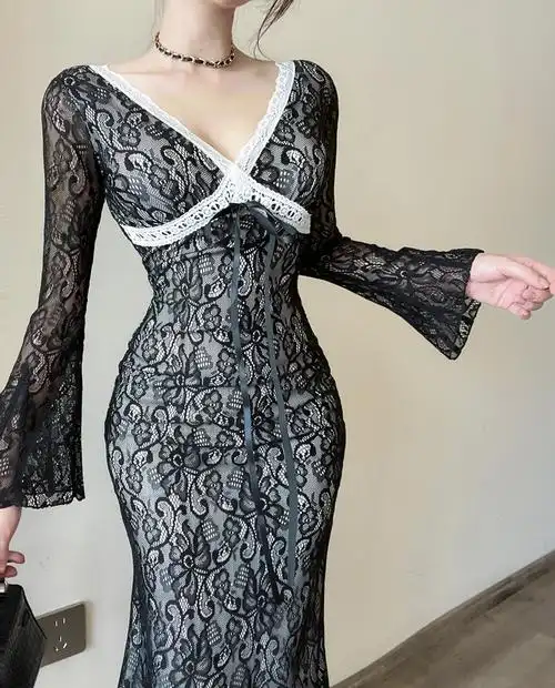 实拍现货法式v领喇叭袖长袖蕾丝连衣裙女打底修身性感包臀裙长裙 - 17