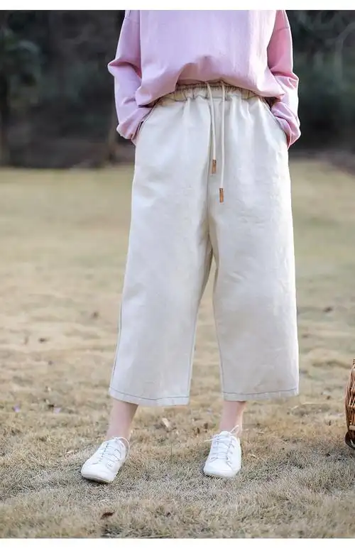 夏季四季白色汉麻棉斜纹布松紧腰抽绳宽松萝卜七分牛仔裤直筒女
