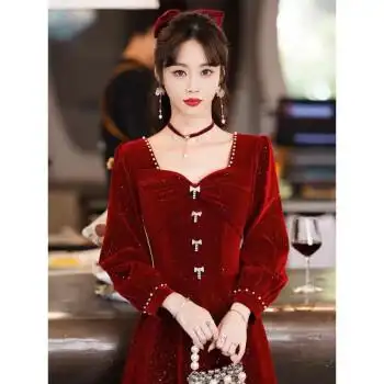 黄花地订婚衣服加肥加大冬季敬酒服新娘红色礼服女感裙子连衣裙长袖