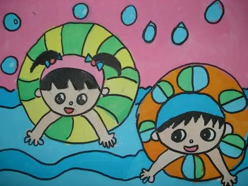 夏天海滩儿童画-我要学游泳