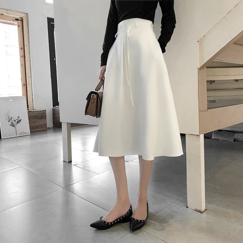 一折中长款半身裙高腰a字大摆伞裙_白色半身裙女秋冬中长款高腰裙子港