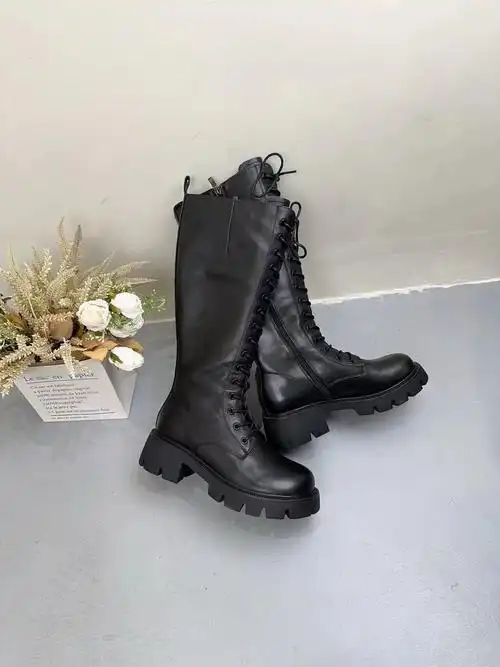 jw头层牛皮高筒靴厚底真皮女靴圆头中跟马丁骑士靴冬款加绒长靴