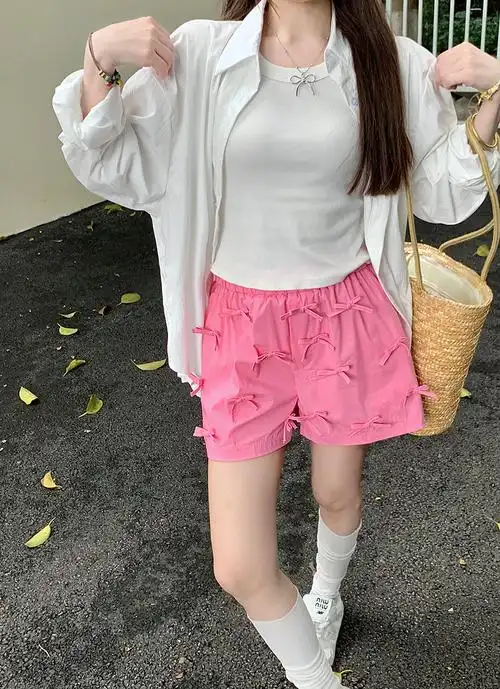 夏季新款粉色蝴蝶结短裤设计感松紧腰百搭休闲裤薄款透气显瘦裤