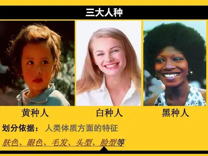 三大人种 黄种人 白种人 黑种人 划分依据: 人类体质方面的特征 肤色