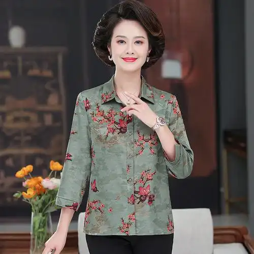 妈妈夏装杭州真丝上衣宽松大码长袖t恤中老年女装桑蚕丝衬衫洋气
