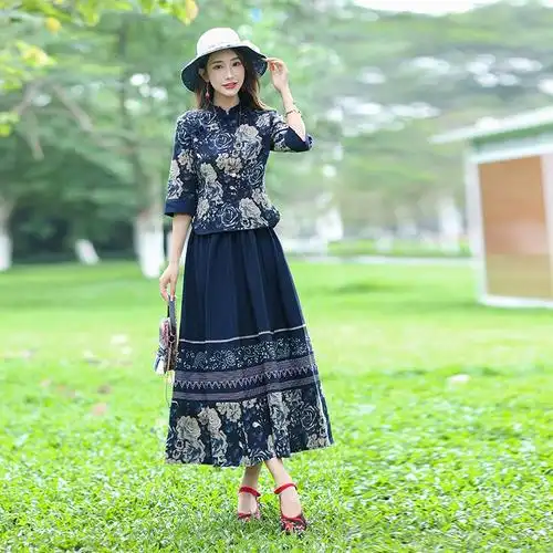 女装中国风复古中式两件套盘扣改良旗袍式上衣民族风棉麻套装唐装