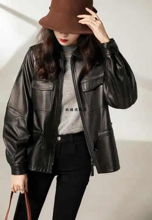 中年女式真皮皮西装秋冬新款收腰显瘦绵羊皮衣机车夹克外套女 黑色 s